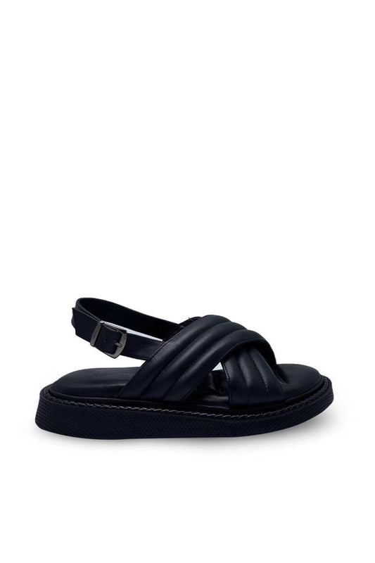 Black Women's Sandals with Double Tape Stitching Detail