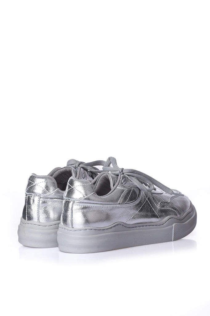 Lace-Up Silver Color Genuine Leather Women's Sneaker