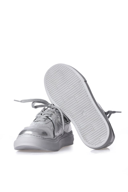 Lace-Up Silver Color Genuine Leather Women's Sneaker