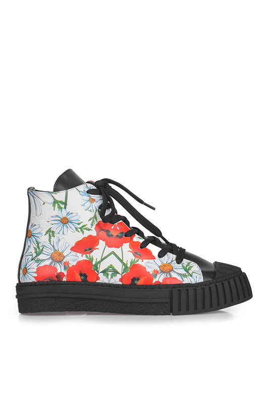 Bağcıklı Siyah Çiçekli Deri Spor Ayakkabı Sneaker