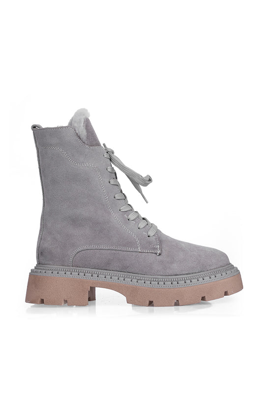 Gray Women's Leather Boots with Zippered Laces and Fur Inside