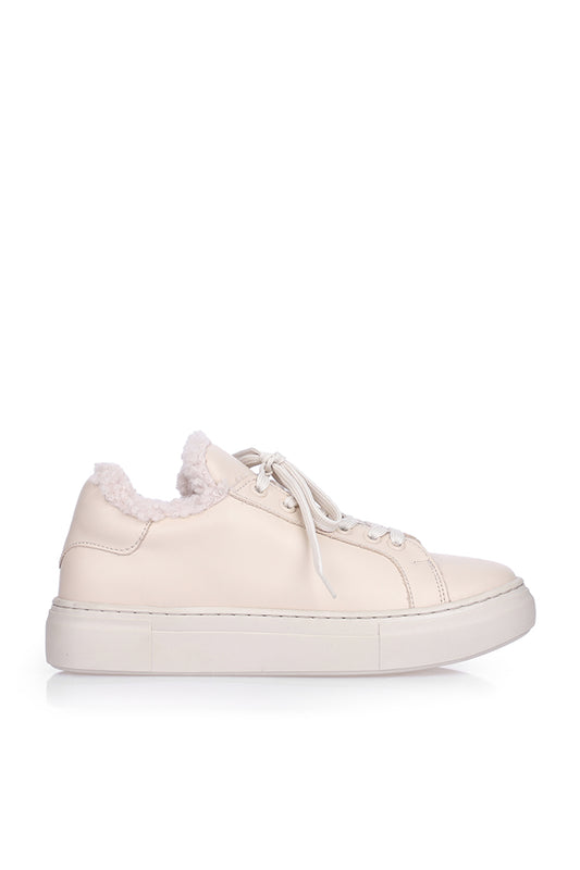 Fur Lined Laced Cream Leather Sports Shoes Sneaker