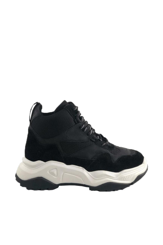 Genuine Leather Black Chunky Wave Women's Sneakers 