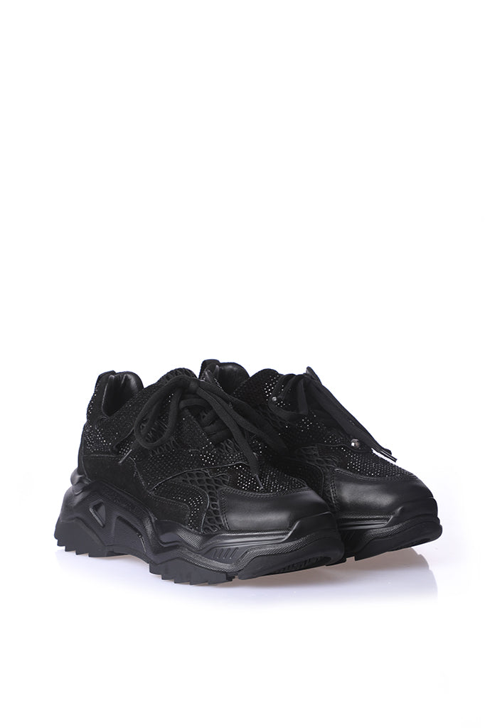 Genuine Leather Stone Printed Black Women's Sneaker