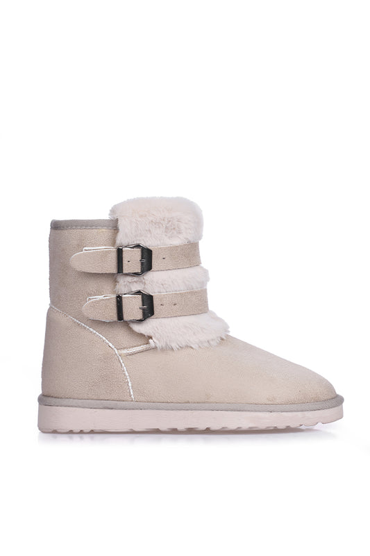 Beige Ankle Boots with Furry Inside Double Buckle, Beige Suede Women's Shoes