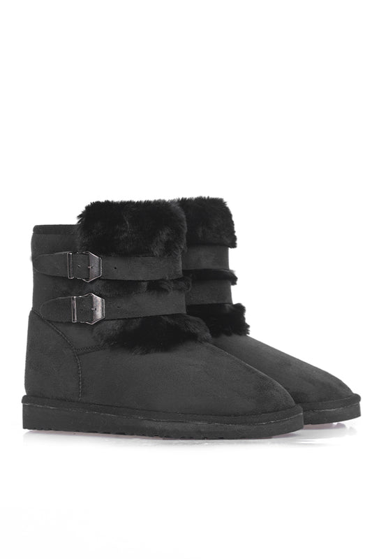Black Ankle Boots with Furry Inside Double Buckle, Black Suede Women's Shoes