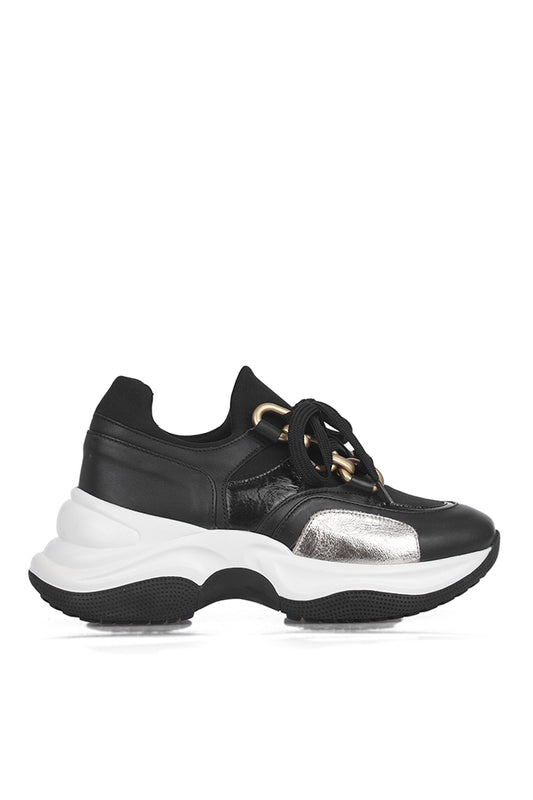Siyah Deri Kadın Spor Ayakkabı, Sneaker.