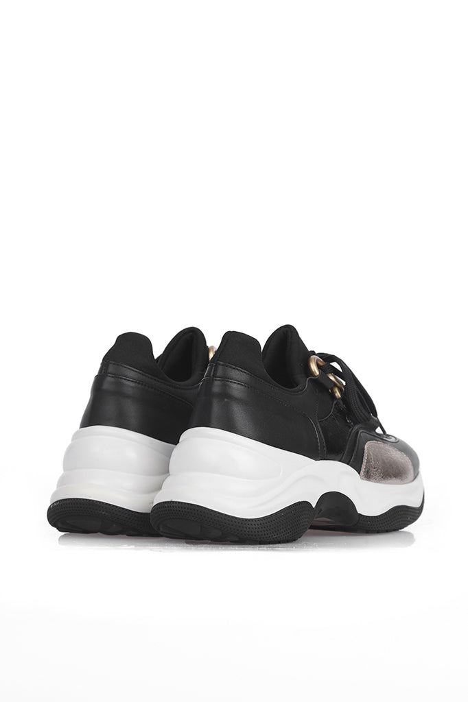 Black Leather Women's Sports Shoes, Sneaker.