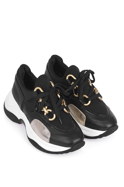 Black Leather Women's Sports Shoes, Sneaker.