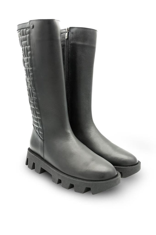 Black Real Genuine Leather Women's Boots with Quilted Detail